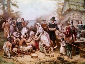 A painting by Jean Leon Gerome Ferris depicting the first Thanksgiving.Credit...Bettmann Archive/Getty Images