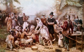 A painting by Jean Leon Gerome Ferris depicting the first Thanksgiving.Credit...Bettmann Archive/Getty Images