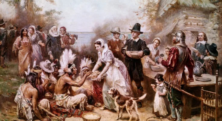 A painting by Jean Leon Gerome Ferris depicting the first Thanksgiving.Credit...Bettmann Archive/Getty Images